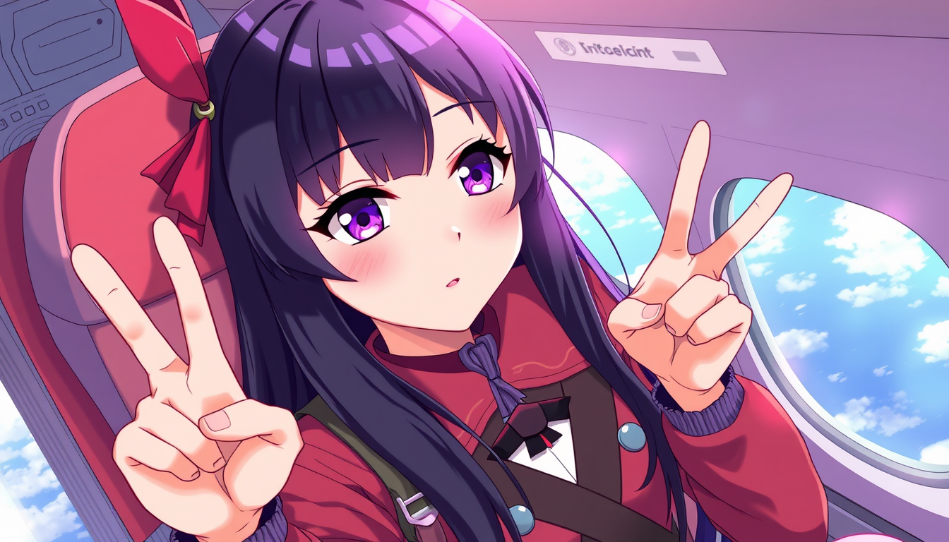 Anime idea: anime style, vibrant colors, expressive eyes, Ado fille coréenne aux cheveux longs noirs, yeux noirs avec fond violet et habits coréens en mode "décon