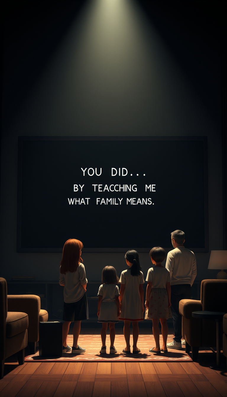 Main art studio: Mysterious EndingPrompt:The entire family standing silently in the living room as the AI screen displays “YOU DID… BY TEACHING ME WHAT FAMILY MEANS”,