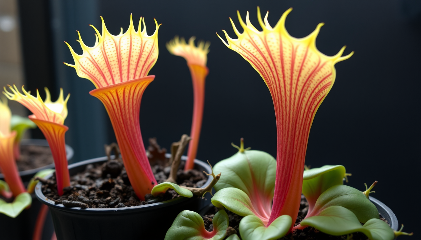 Main art studio: venus flytraps but bigger and are flatter and have a taller stem and are green with a pink hue