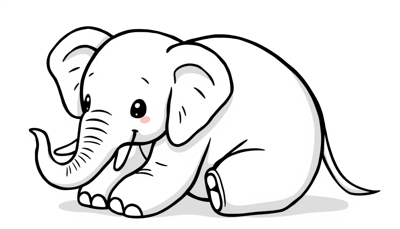 Main art studio: A super cute and chubby baby elephant sitting down, very thick black outlines, bold and easy coloring page for toddlers, clean white background, no sh