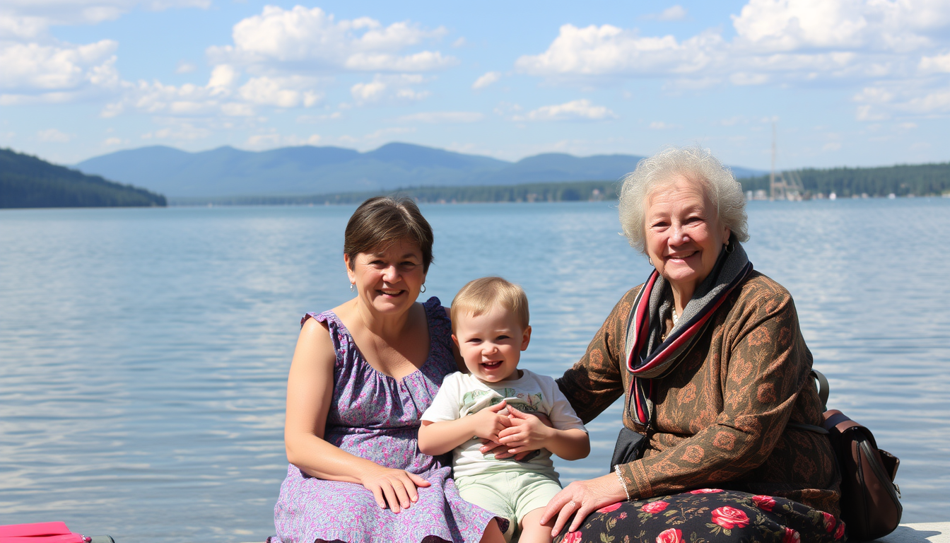 Main art studio: Generete me a picture Mother and Son and Aunt and Grandmother at lake