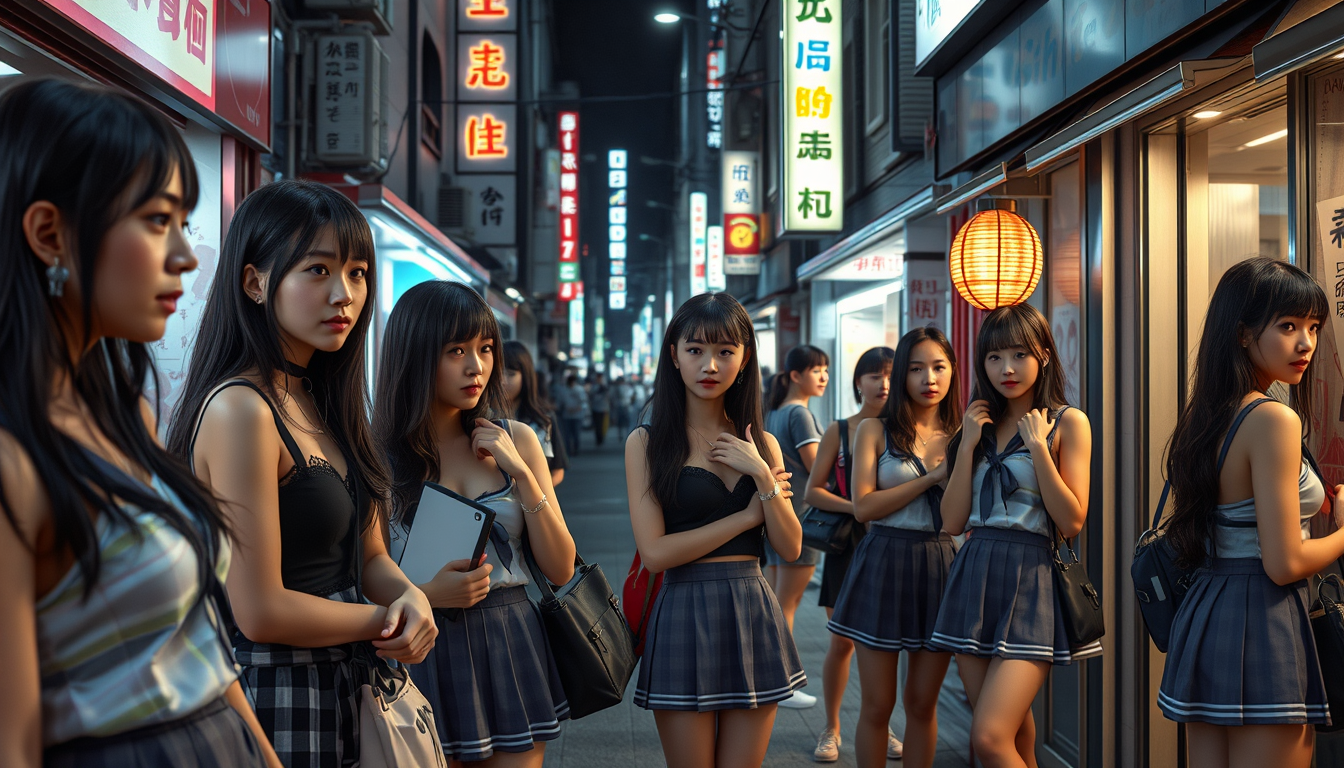 Realistic Images idea: photorealistic generated image, natural materials and skin texture, physically plausible lighting, the famous street in tokyo where girls line up dres