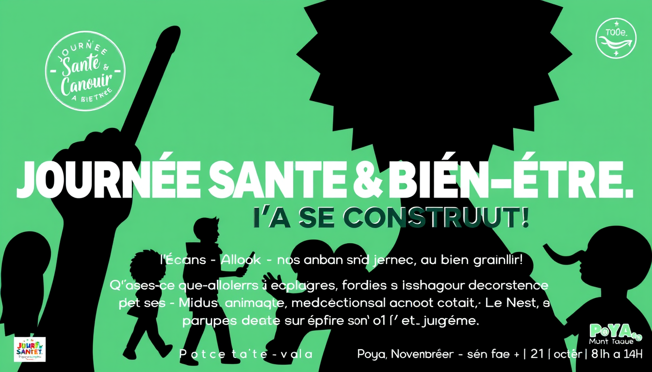 Poster idea created from the prompt: poster design, bold striking composition, strong focal point, space for headline, JOURNÉE SANTÉ & BIEN-ÊTRE · POYA GRANDIR, ÇA SE CONSTRUIT 