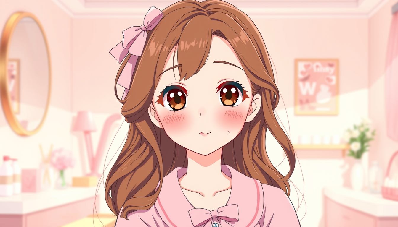 Anime idea: anime style, vibrant colors, expressive eyes, Original anime girl, DodoDoll, cute beauty creator, long wavy chestnut-brown hair, big warm brown eyes,