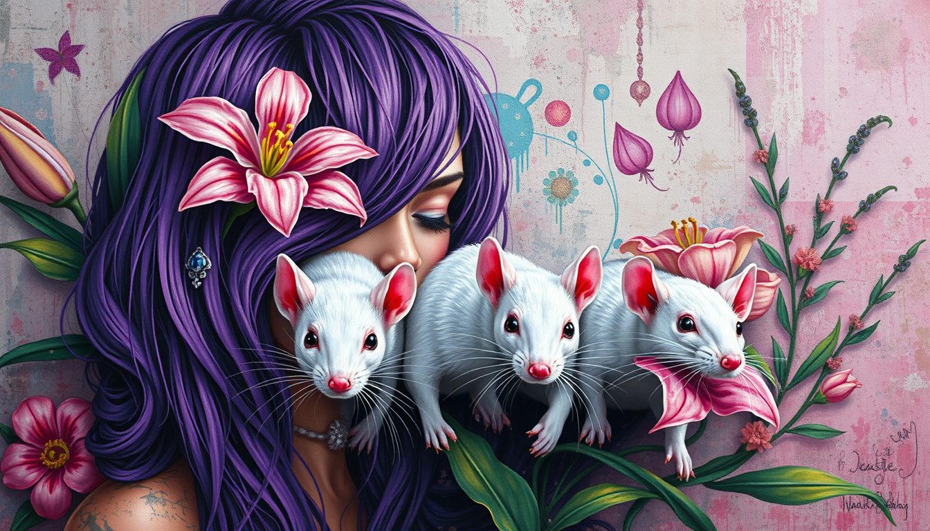 Main art studio: Create a canvas painting: vibrant, artsy, funky and pattern-loving, with pinky-purple as her signature color and purple hair. Include lilies, her thre