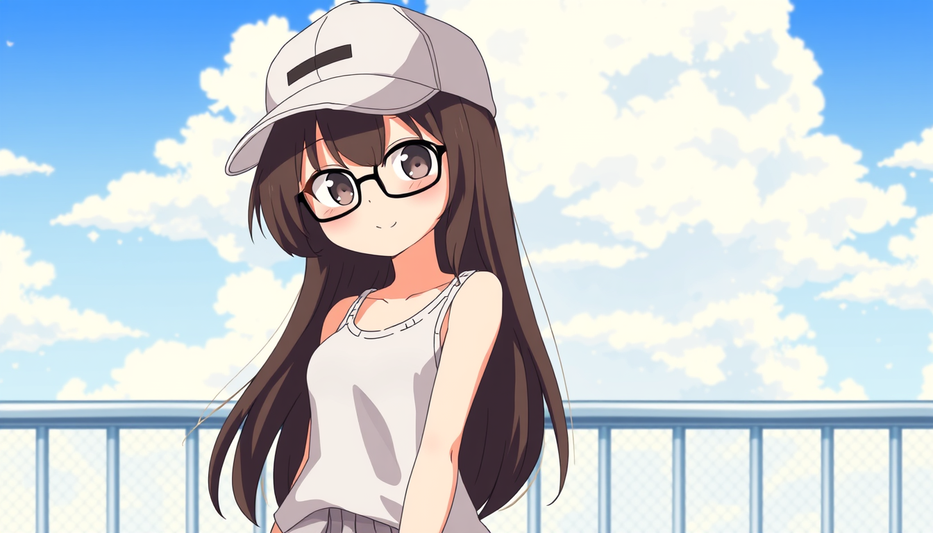 AI Art prompt example created from the prompt: Shy Anime girl who wears Tank tops and baggy pants. Has long dark brown hair, wears glasses and baseball caps