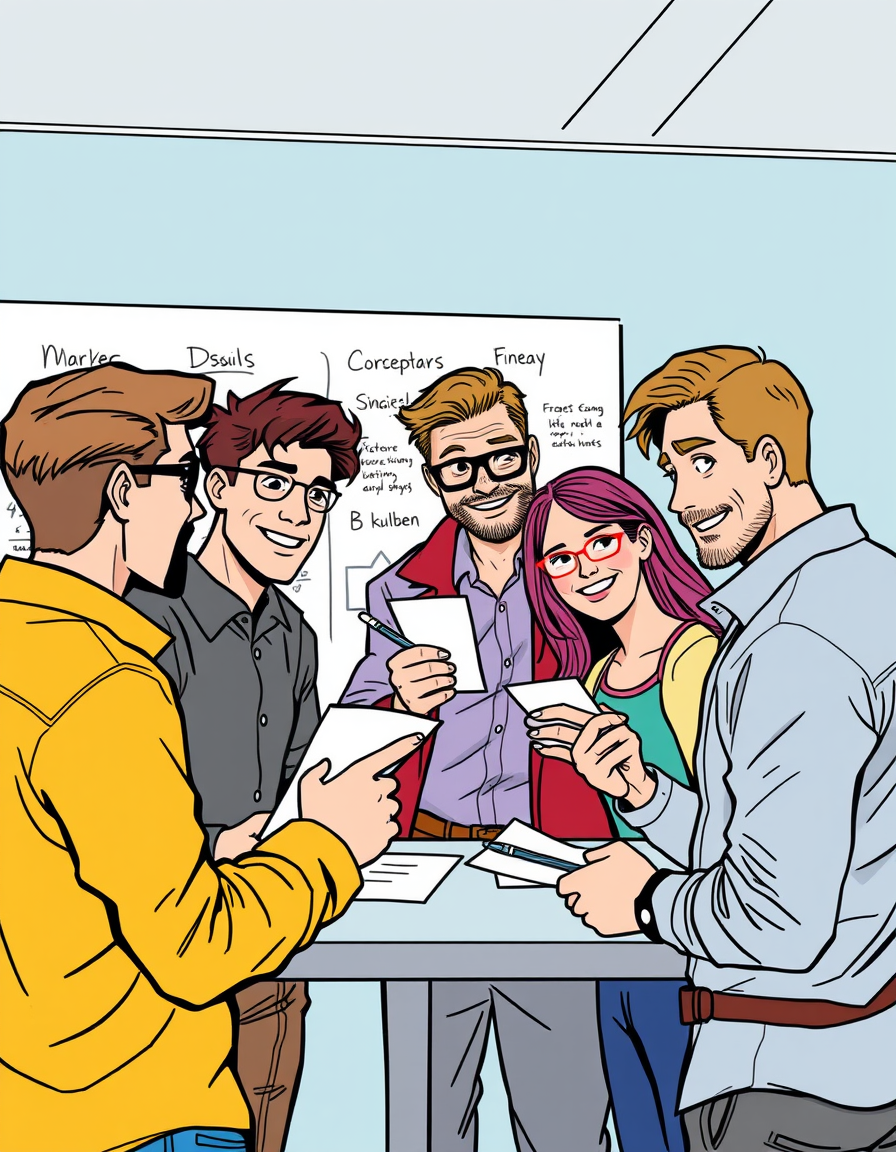 Main art studio: comic style. Comic im Superhelden-Stil . A team working together at a flipchart. someones are writing notes. Everybody has a papercard in his hands. F