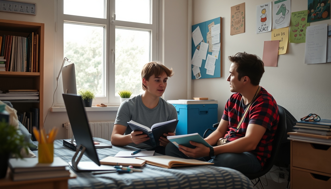 Main art studio: "Estudiante adolescente en una habitación estudiando, organizando sus cuadernos, conversando con un amigo que lo apoya, ambiente positivo, fotografía 