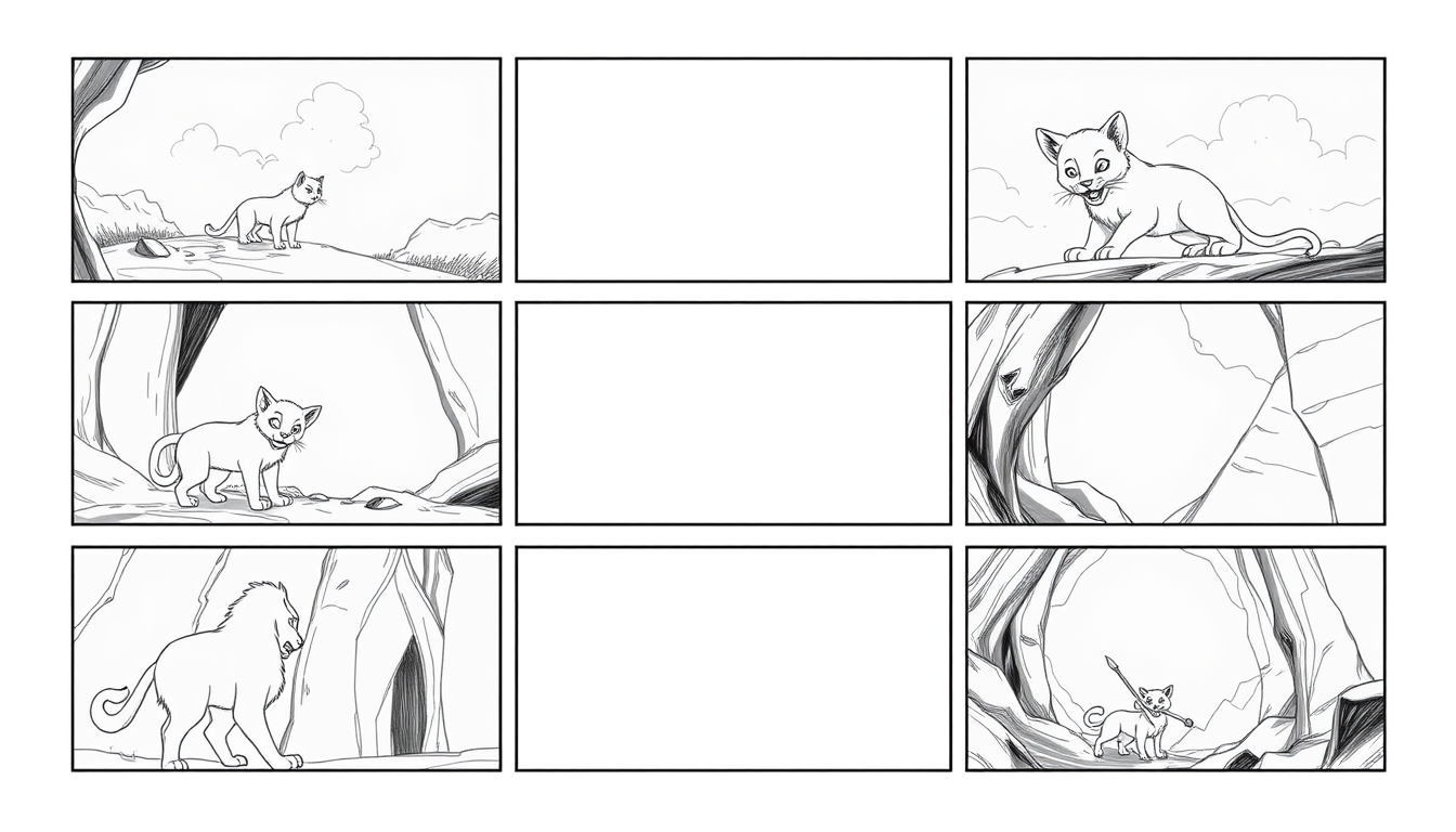Storyboard idea: storyboard panels, cinematic shot sequence, clear camera angles, grayscale sketch layout, readable scene flow, Warrior cats by Erin Hunter fan novel.