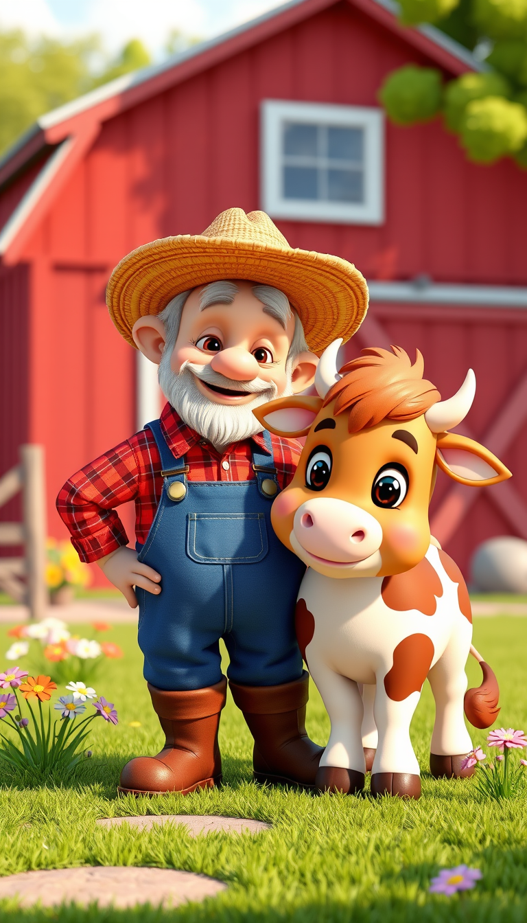 Main art studio: Cute friendly elderly farmer named Old MacDonald wearing blue overalls, a red plaid shirt, brown boots and a straw hatertical standing beside the ador
