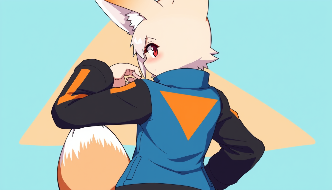 AI Art prompt example created from the prompt: Do a antropomorphic fox girl wearing a blue jacket with black sleeves and orange stripes, an orange triangle on the back, and a confident ex