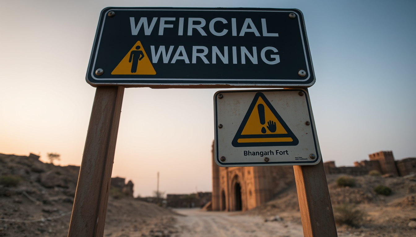 Main art studio: An official warning sign near the entrance of Bhangarh Fort, ancient sandstone gate clearly visible behind it, evening sky, deserted surroundings, rea