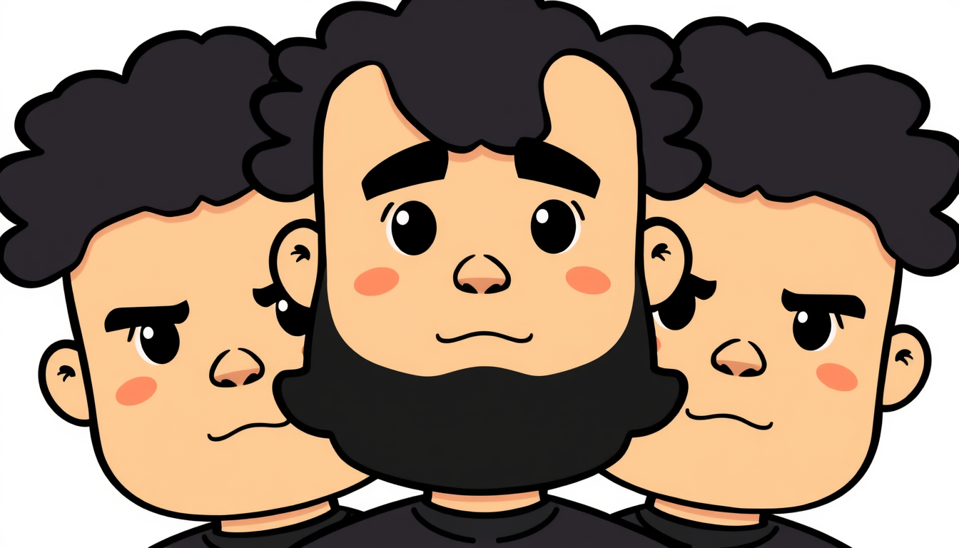 Cartoon Avatar idea created from the prompt: cartoon avatar, head-and-shoulders, bold outlines, flat shading, un personnage couleur de peau beige cheuveux noir boucles habillé en noir N