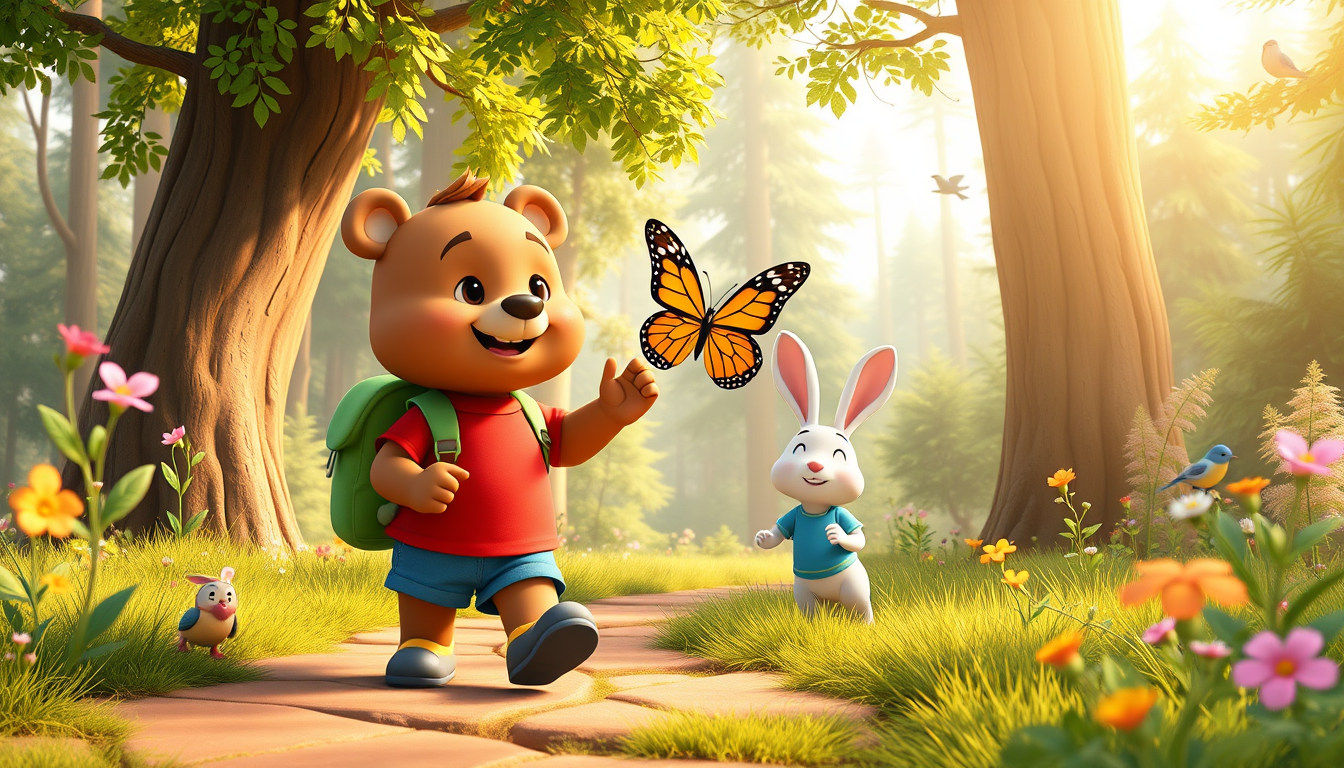 Main art studio: 3D animated children's cartoon. Bruno, a cute brown bear wearing a red T-shirt, blue shorts, and green backpack, follows a colorful butterfly with his