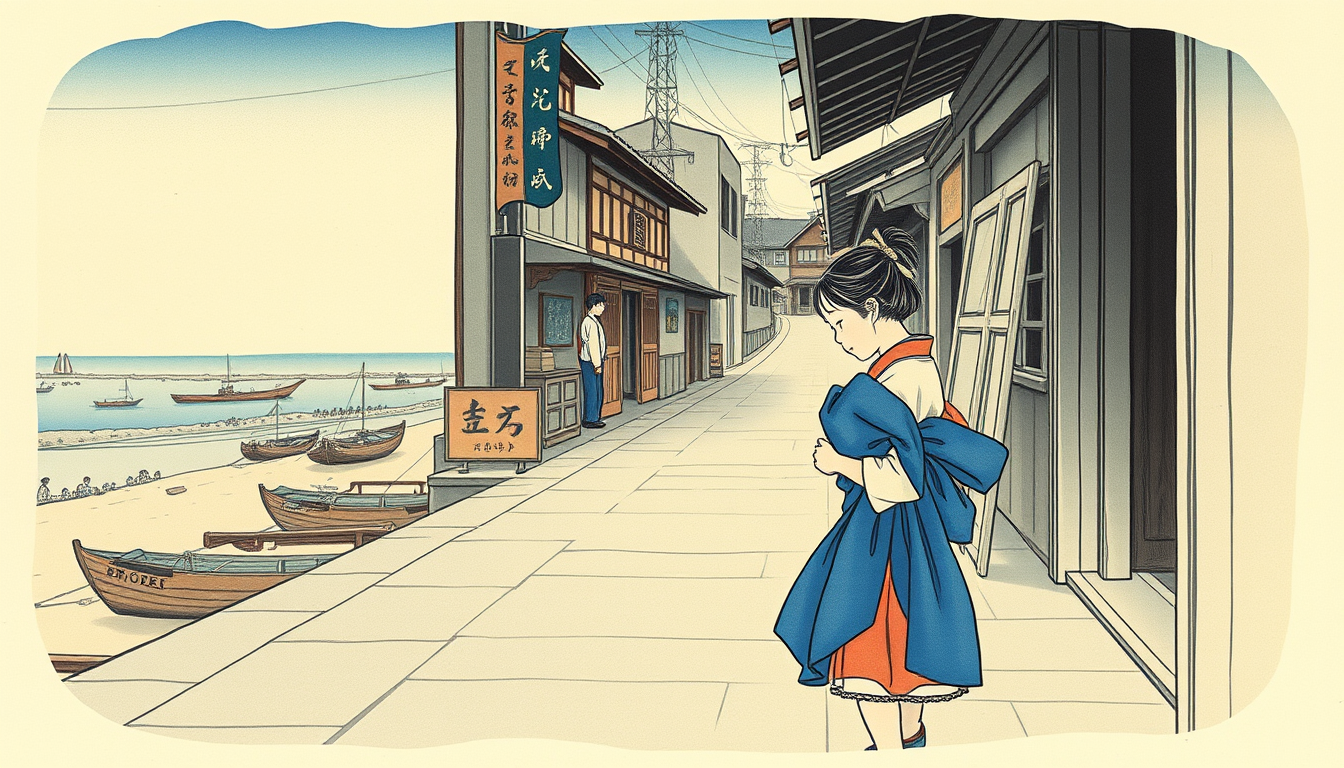 Main art studio: A little Japanese girl is walking along a street past old shops, the beach can be seen as well as the docks below with boats in the water. This is in