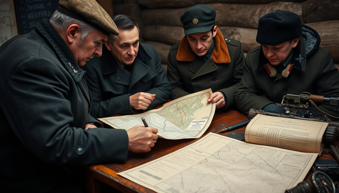Main art studio: Soviet officials and volunteers organizing a search operation for missing winter hikers in 1959, examining an old paper map on a wooden table, vintage