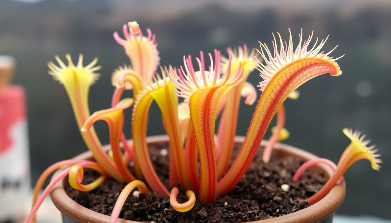 Main art studio: venus flytraps but are much bigger and are flatter and have a long and slim stem and are green with a pink hue