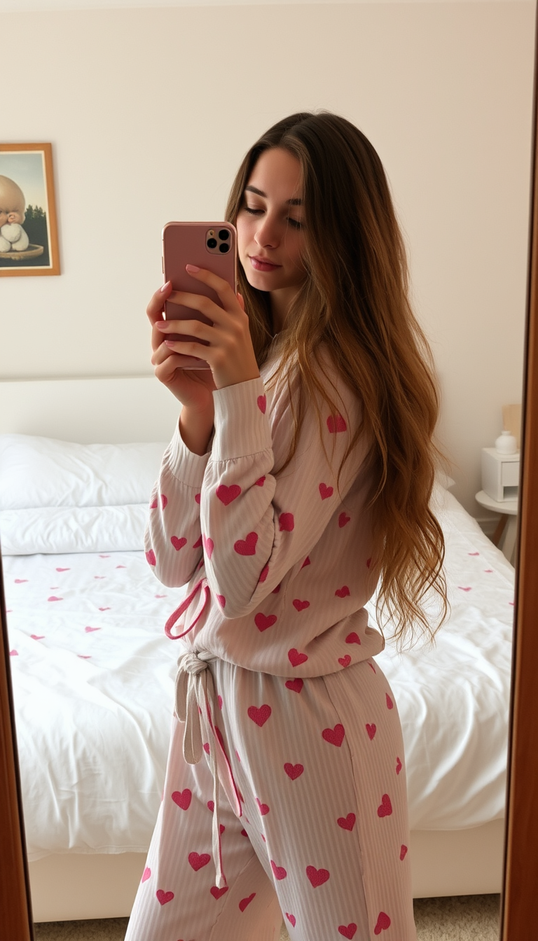 Main art studio: Fais une fille en pyjama, elle se prend en photo de selfie miroir , on vois pas sa tete