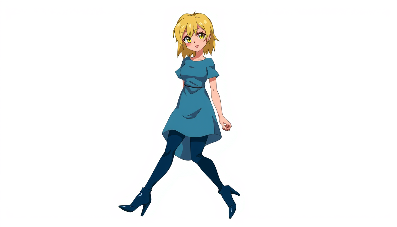 Main art studio: ANIME WITH NO SHADING. MAKE HER STAND. MAKE HER HAIR BLONDE & MESSY. MAKE HER EYES YELLOW. MAKE HER SKIN PEACH PALE. MAKE HER WEAR DARK BLUE COLOURED
