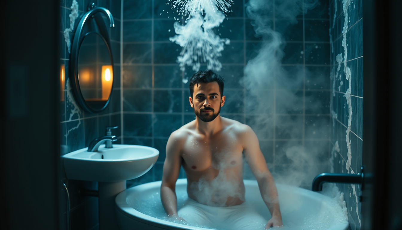 Main art studio: create a bathroom with a lot of steam, and someone inside the shawer, it needs to be a man