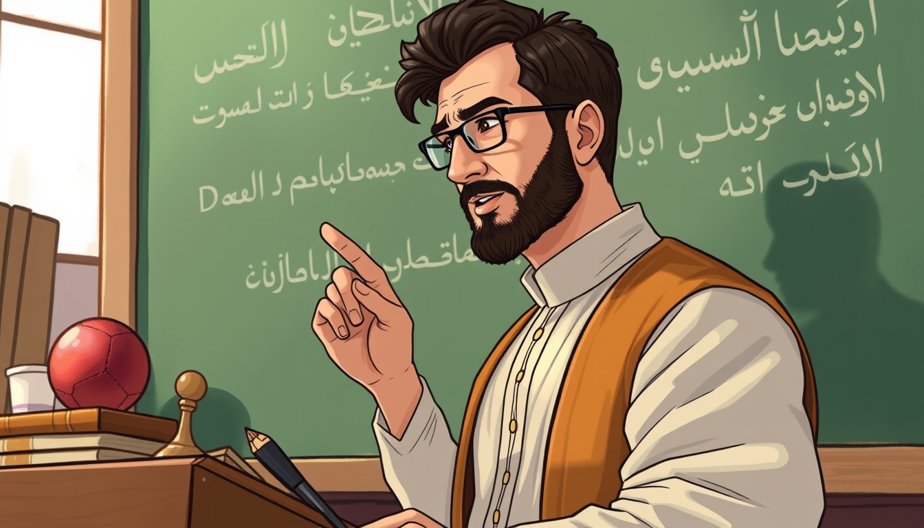 AI Art prompt example created from the prompt: A close-up illustration of a male Iranian teacher teaching at the board; he is dressed in Iranian style, and the scene captures an authentic