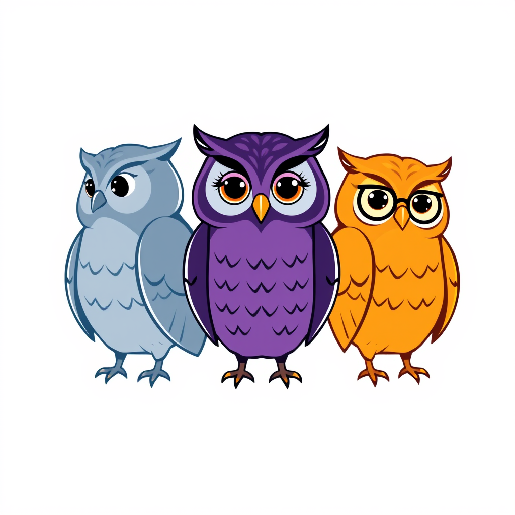 Main art studio: Professional mascot logo for a modern university study app. Exactly three charming owl characters side by side. Left owl is blue-gray, looking slightl