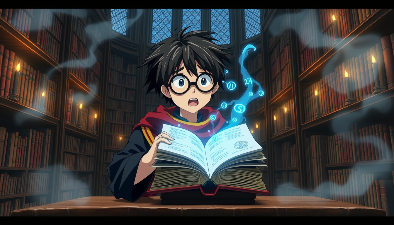Main art studio: High quality 2D Japanese anime movie scene inside the Hogwarts library, Harry Potter with messy black hair, round glasses, lightning-shaped forehead s