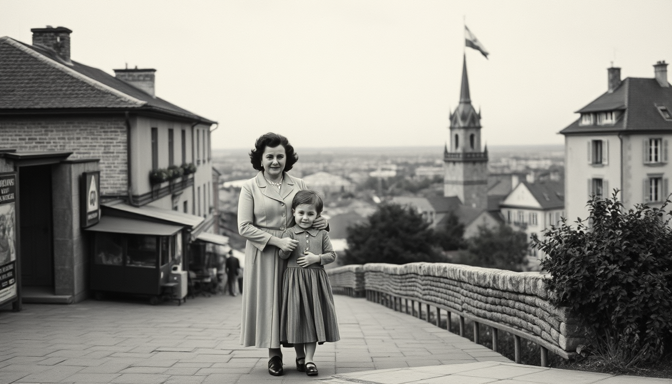 Main art studio: Старая семейная фотография в стиле сепия, 1940–1960 годы. Маленький ребёнок азиатской внешности стоит рядом с мамой и держит её за руку. Мама одета в