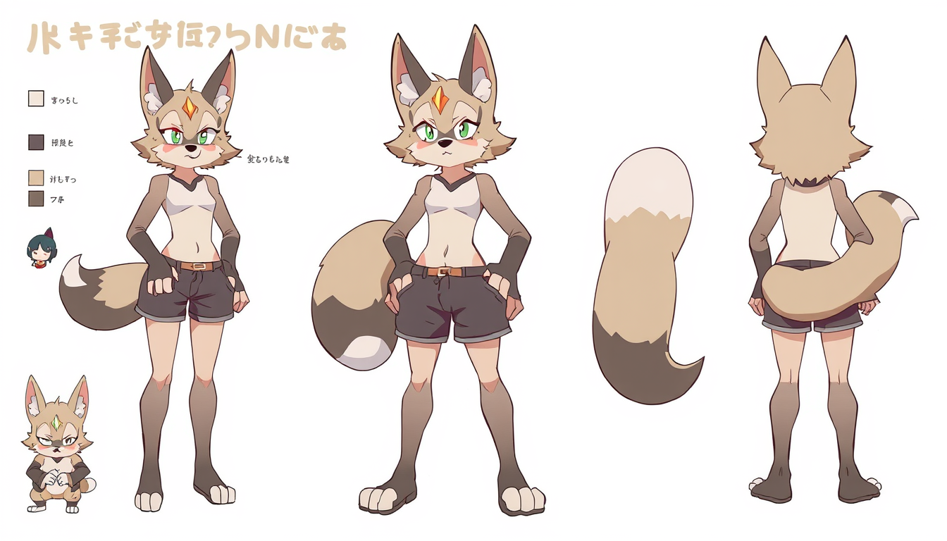 Fursona idea created from the prompt: fursona character, anthropomorphic animal design, expressive personality, reference sheet style, Furry, wearing thighs and shorts, femboy , 