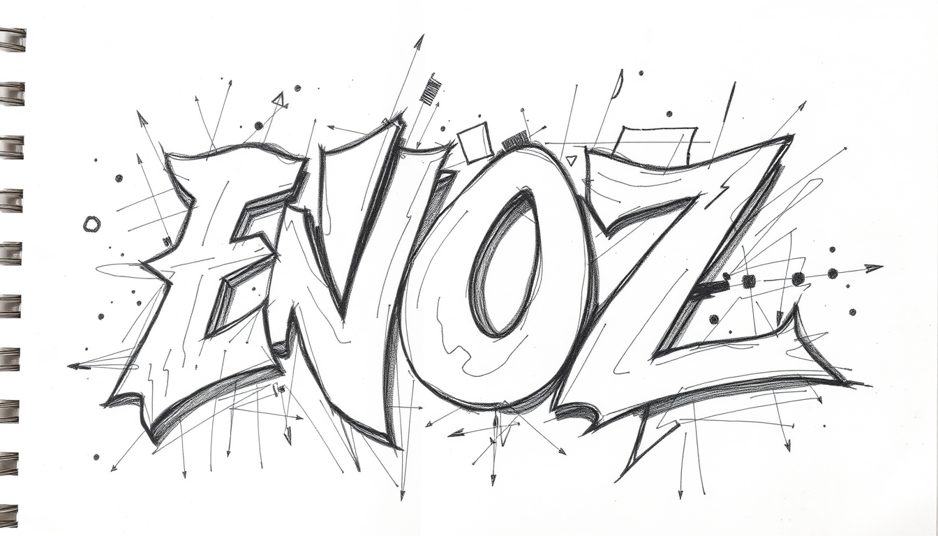 Sketch idea: pencil sketch, graphite hatching, loose construction lines, „Graffiti-Tag ENOZ, sehr verschnörkelt, fließende Buchstaben, viele elegante Kurven und Ve