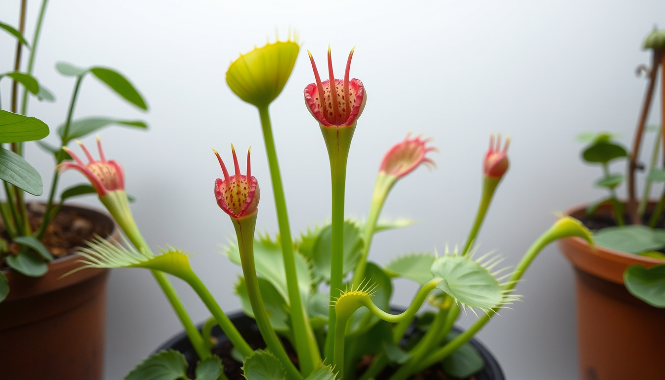 Main art studio: venus flytrap but are much bigger and taller and are flatter and have a long and slim stem and they look a bit like a piranha plant and are green with