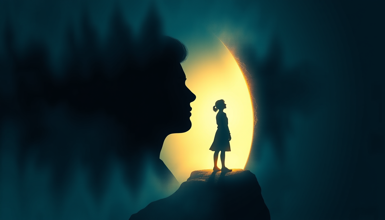 AI Art prompt example created from the prompt: Ilustración conceptual de una persona en proceso de transformación personal. Una figura humana se encuentra entre una sombra oscura que repr