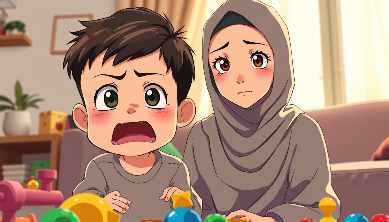 Anime idea: anime style, vibrant colors, expressive eyes, 2D anime parenting scene. Angry 2-3 year old boy with short dark hair shouting beside his toys. His moth