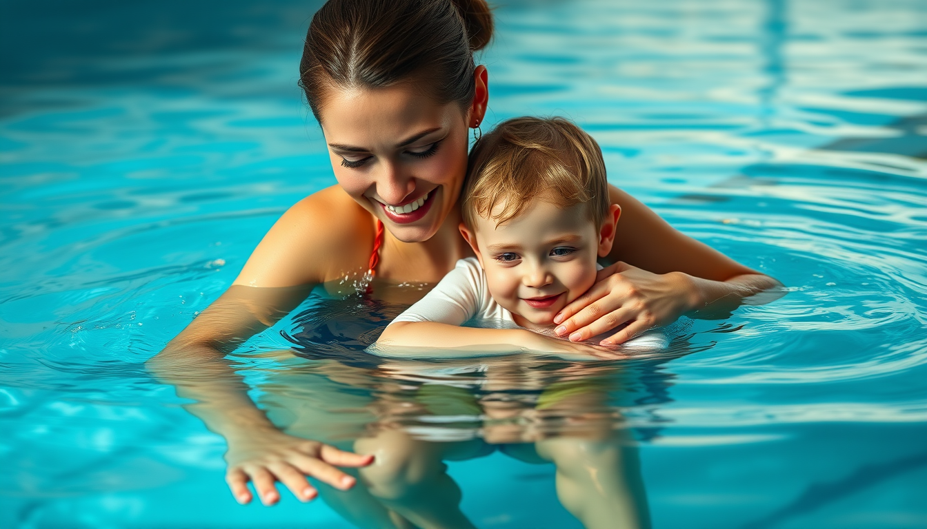 Main art studio: Realistic vertical 9:16 photograph of the same young child safely out of the swimming pool, sitting beside their mother who is hugging them reassuring