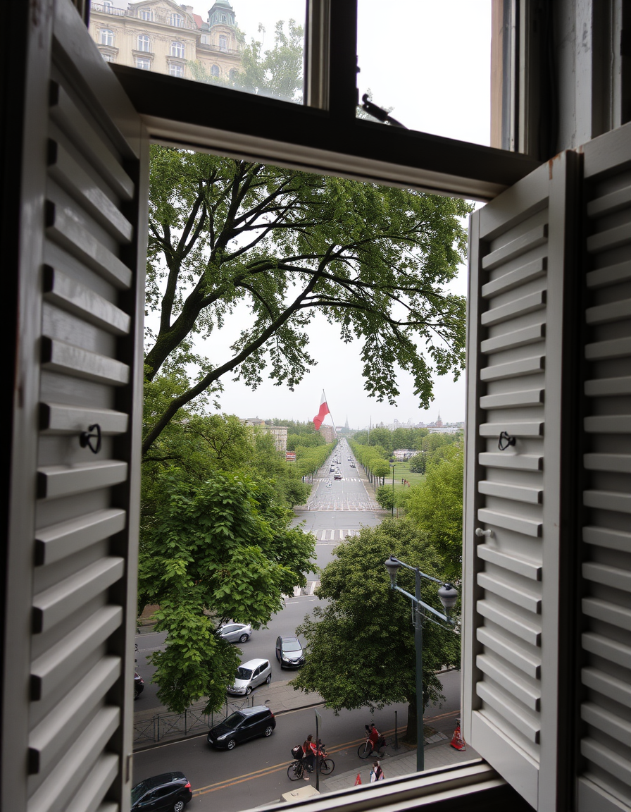 Main art studio: View from an old window with white shutters overlooking Warsaw. Outside the window, there are lush green trees under overcast, cloudy weather. Below,