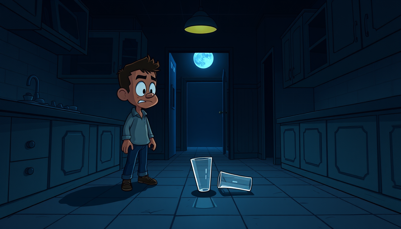 Main art studio: Same Samir character, 2D dark horror cartoon, cinematic night, vertical 9:16. Samir standing inside a dark kitchen, looking frightened at a single gla