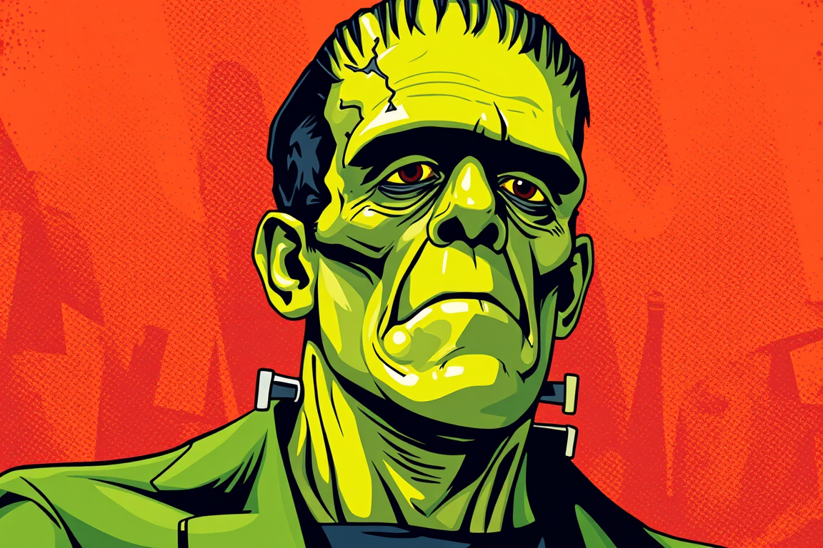 Main art studio: Estilo pop art ilustración de el personaje el monstruo de Frankenstein del libro original No influenciada por adaptaciones modernas Apariencia Estatur
