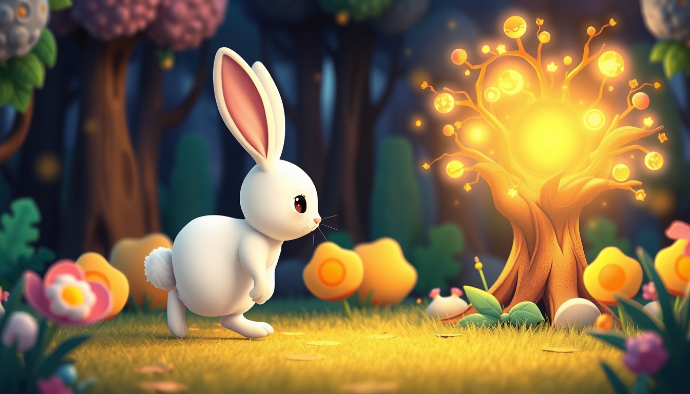 Main art studio: The same cute white bunny walks closer to the glowing magical tree and looks at it with wonder. The tree begins to sparkle with golden magical light. 