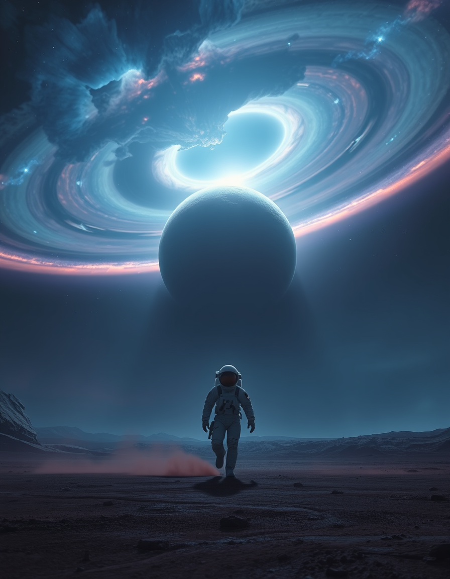 Main art studio: Lone astronaut walking across a vast alien landscape under a colossal swirling nebula. Harsh rim‑light outlines his suit. Dust and mist drift across t