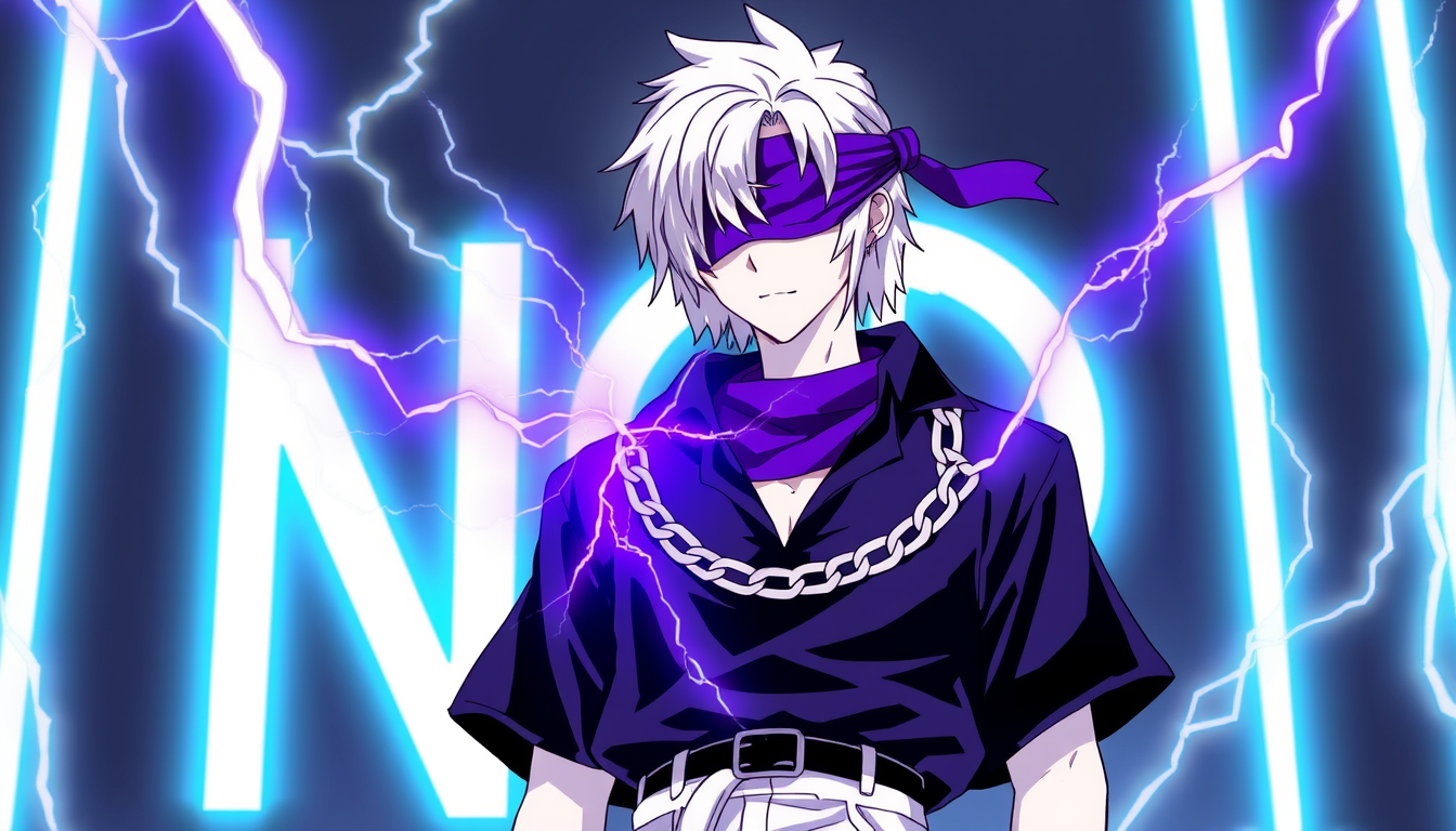 Main art studio: white hair + SKIN COLR IS WHITE AS SNOW + black shirt + white chain + purple Eye of Ender + purple blindfold/headband + white pants + dark belt + purp