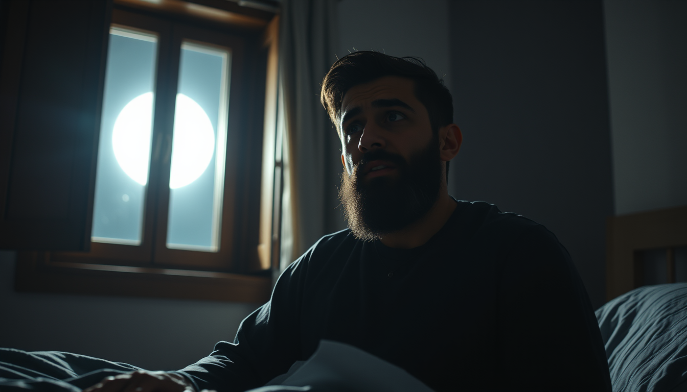 Main art studio: A Muslim man suddenly waking from a frightening dream in the middle of the night, sitting upright on his bed with anxious expression, subtle sweat on