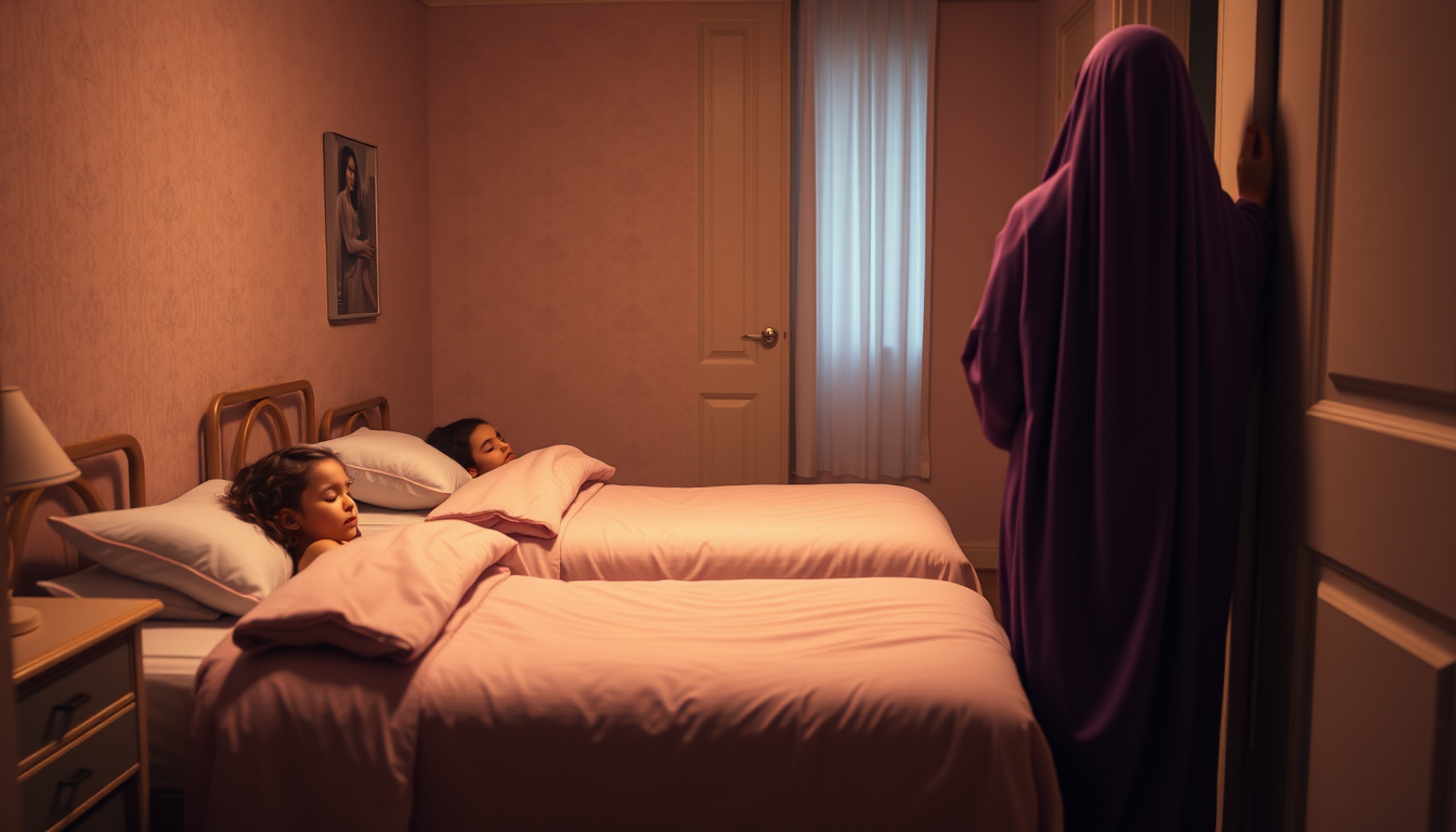 Main art studio: Photorealistic cinematic night photo, viewed from the hallway into a beautiful spacious girls' bedroom. Exactly 3 separate beds with clear space betwe