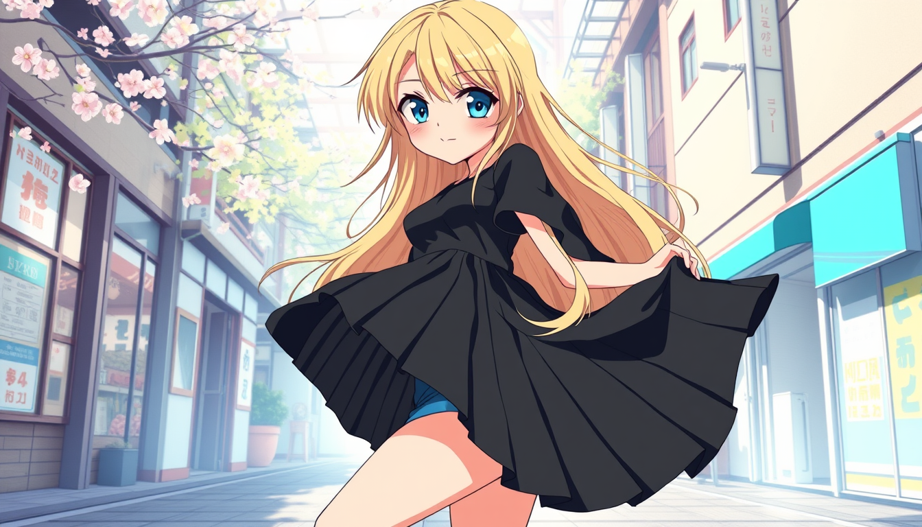 Anime idea: anime style, vibrant colors, expressive eyes, Illustration anime japonaise de haute qualité, femme adolescente fictive de 14 ans, cheveux blonds longs