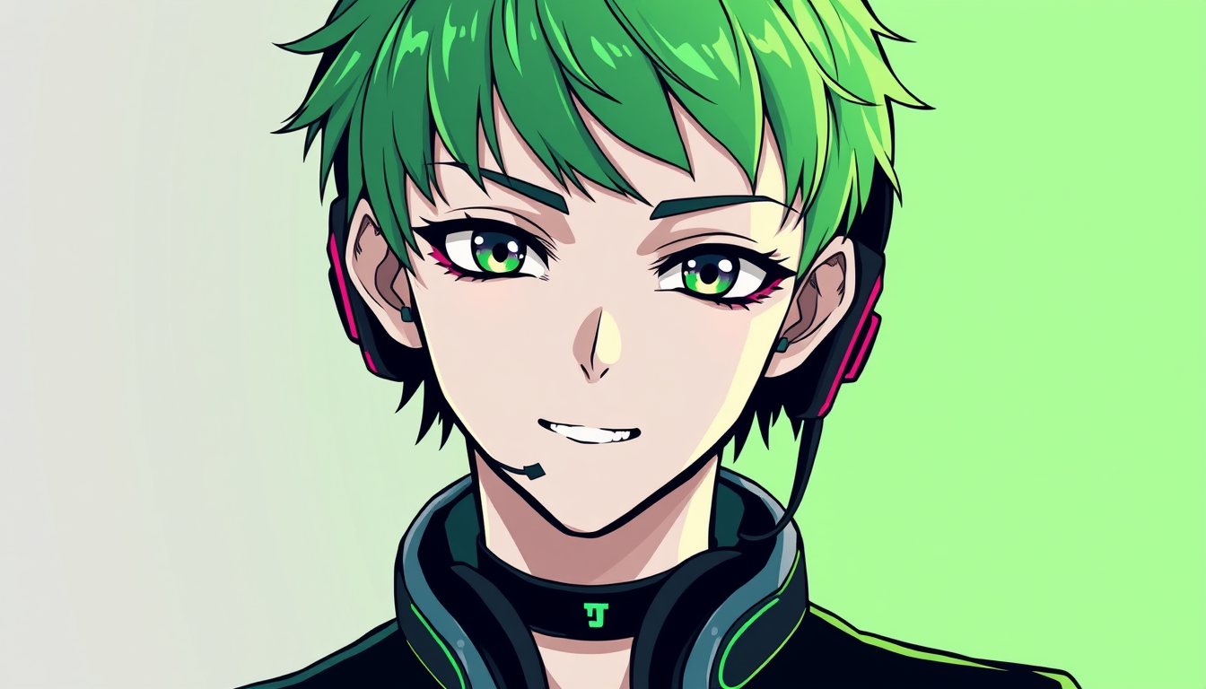 VTuber idea: vtuber avatar character, anime style, expressive face, streaming-ready design, male, short hair green and black color scheme, goth vibe, headphones on