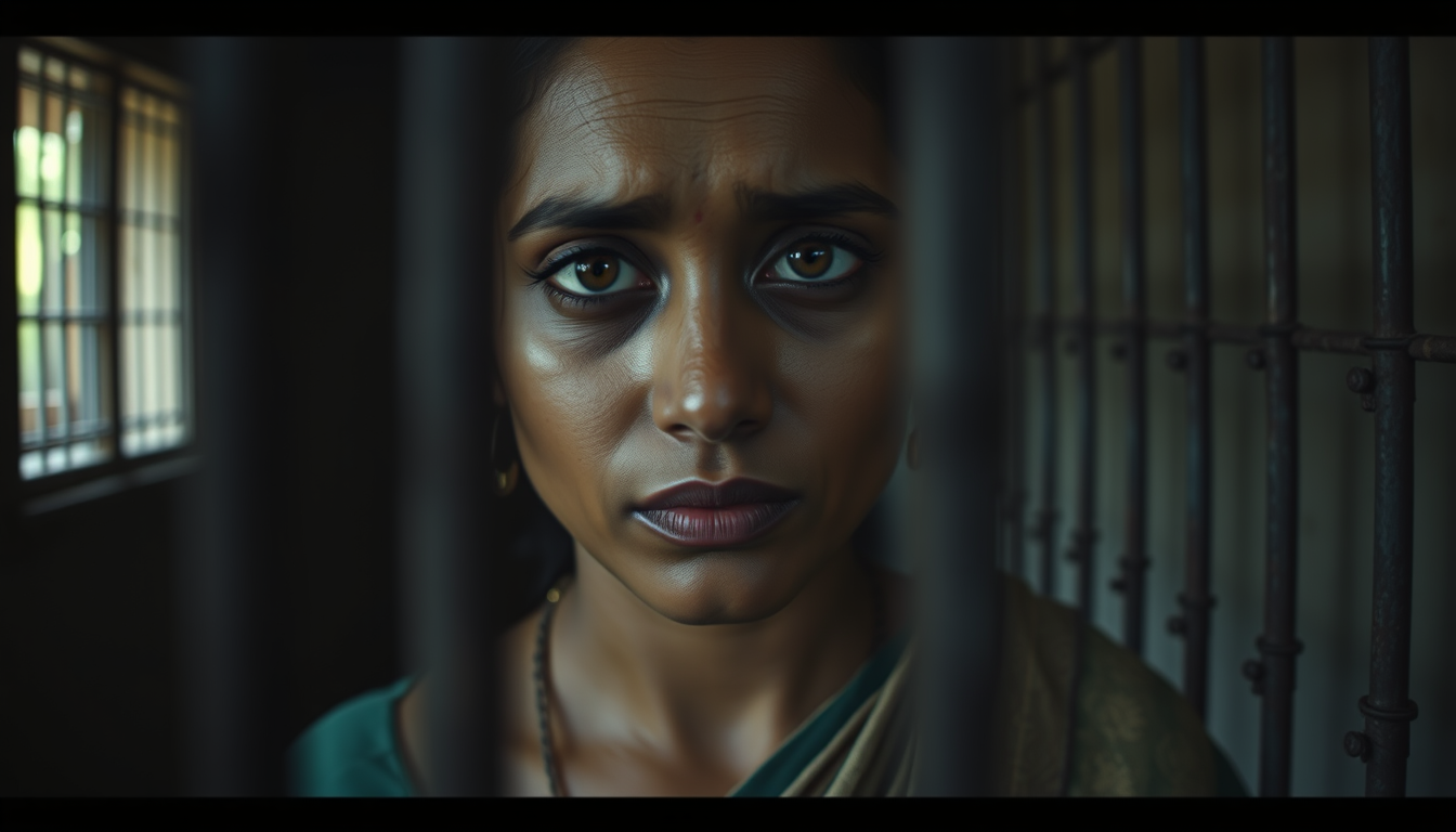 Main art studio: Ultra photorealistic cinematic 4K close-up portrait of Neera Arya inside a colonial prison, determined eyes, tired face, simple saree, iron bars softl