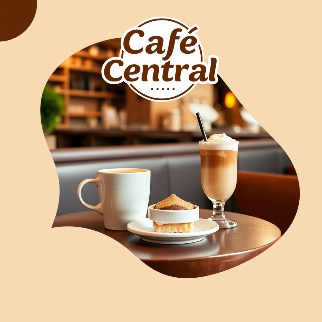Graphic idea: modern graphic design, clean layout, strong visual hierarchy, bold shapes, space for headline, Crea un diseño publicitario para una nueva cafetería ll