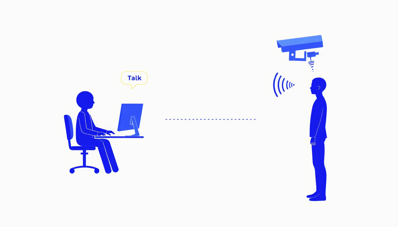 Main art studio: Create a clean 3D NVR Camera Talk workflow. On the left, one person sits at a PC and clicks the highlighted “Talk” button. On the right, show another