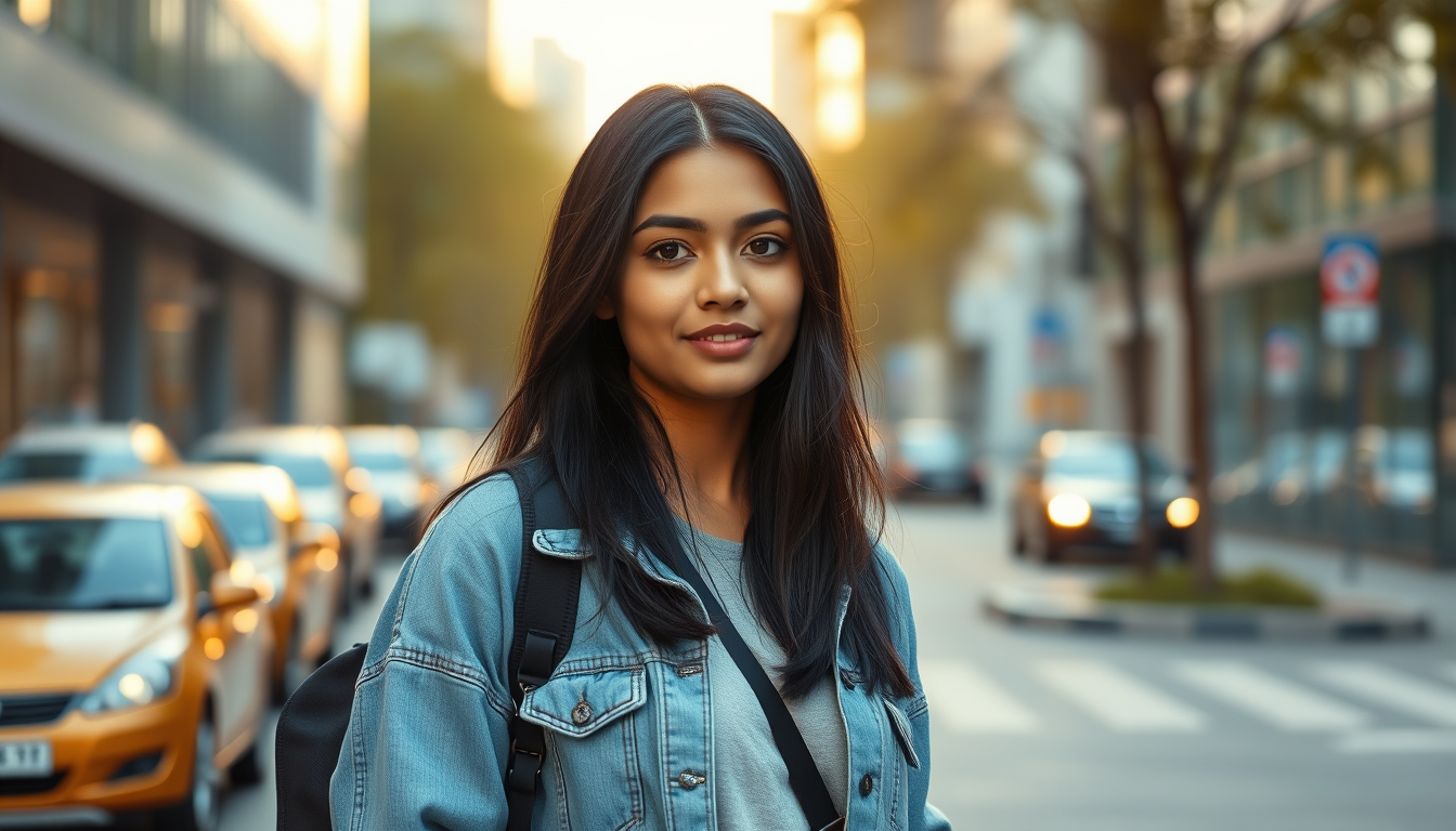 Main art studio: Photorealistic young adult Indian woman, stylish Instagram influencer aesthetic, beautiful natural face, long black hair, trendy casual outfit, standi