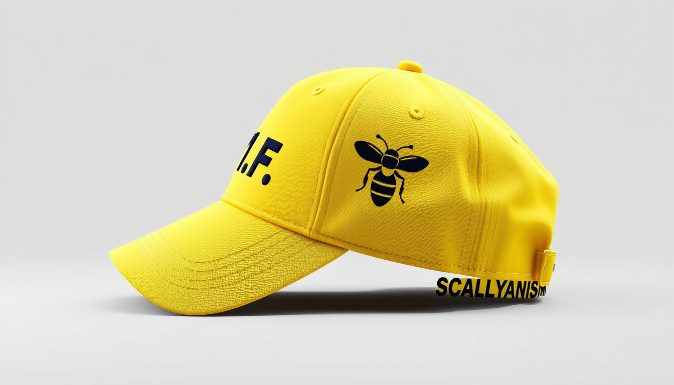 Main art studio: Realistic product mock-up of a bright yellow baseball cap with black embroidery. Front: “M.P.1.F.” Side: a simple bold black wasp logo. Back: “SCALLYA