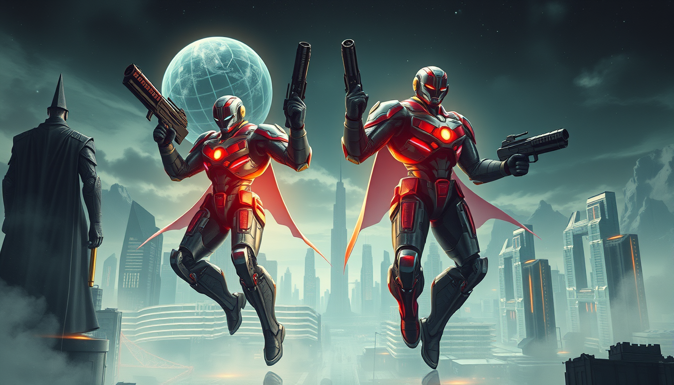 Main art studio: crie uma imagem plano geral de duas raposas super fortes no estilo ciborg, com armas super poderosas,nunha cidade futuristicas.